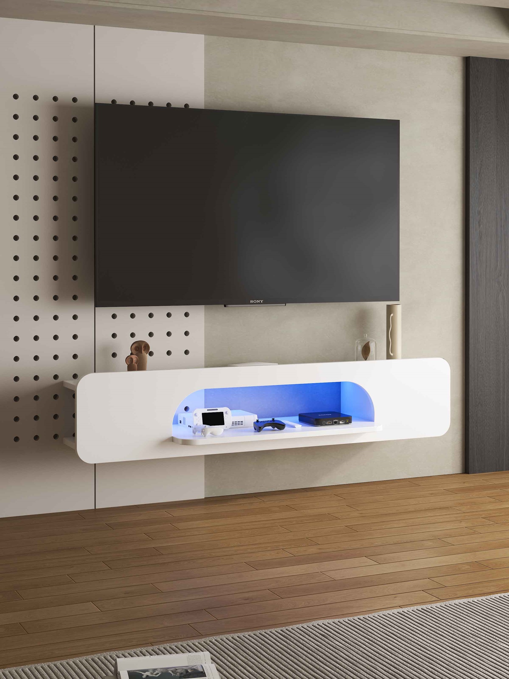 תמונת מזנון צף נתלה לקיר דגם קווינס לבן QUEENS WHITE ברוחב 146 ס"מ עם תאורת לד 2