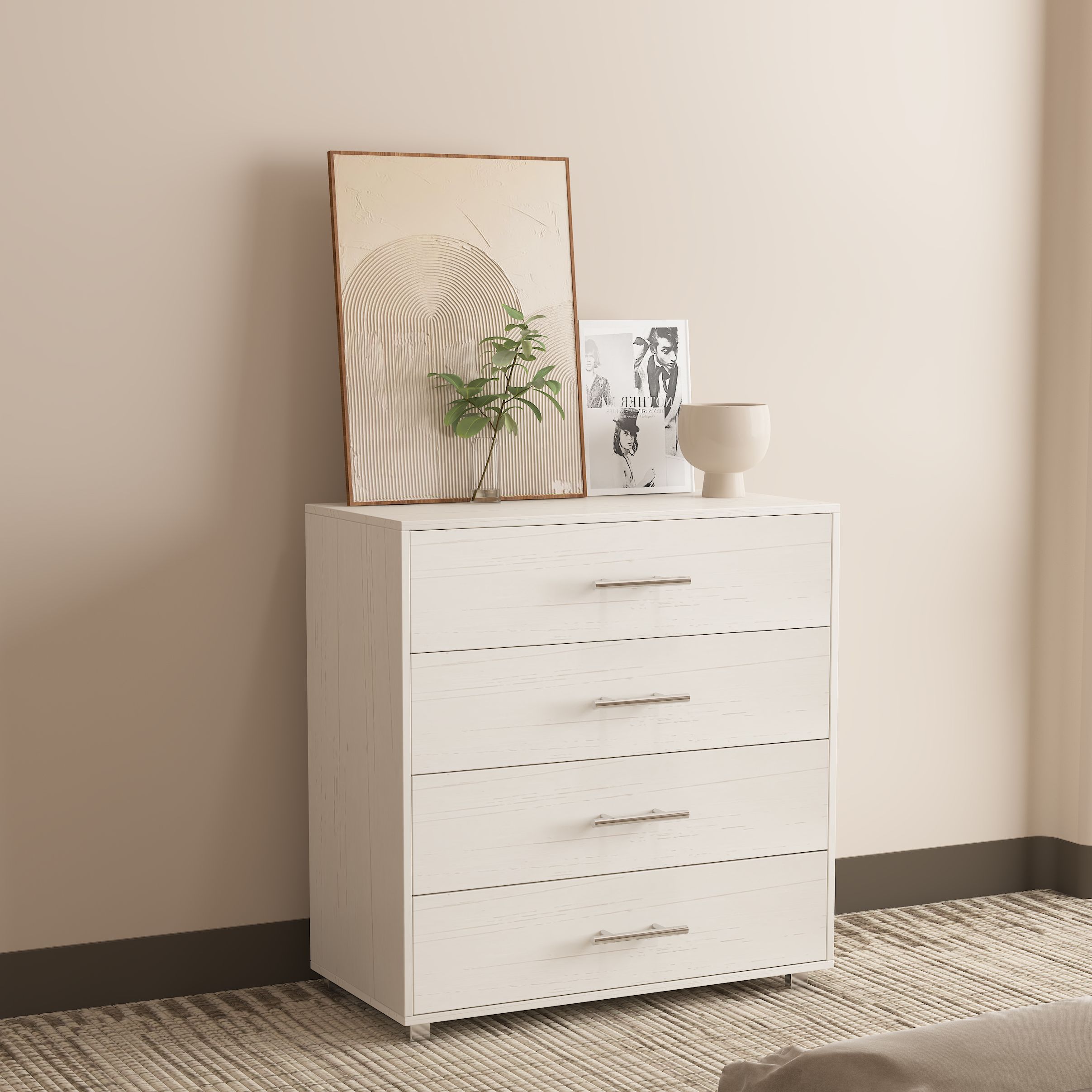 תמונת שידת 4 מגירות רחבה בגוון לבן עם טקסטורת עץ דגם פלמה PALMA 1