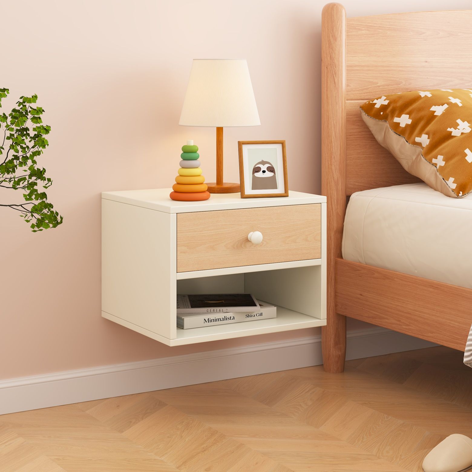 תמונת שידת לילה צפה תלויה לקיר בצבע לבן משולב אלון דגם ויגאן VIGAN 1