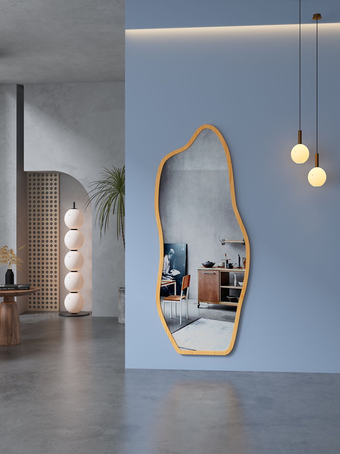 תמונת מראת גוף אמורפית סטנד ותלייה מסגרת עץ בגוון טבעי דגם ויגו VIGO 2