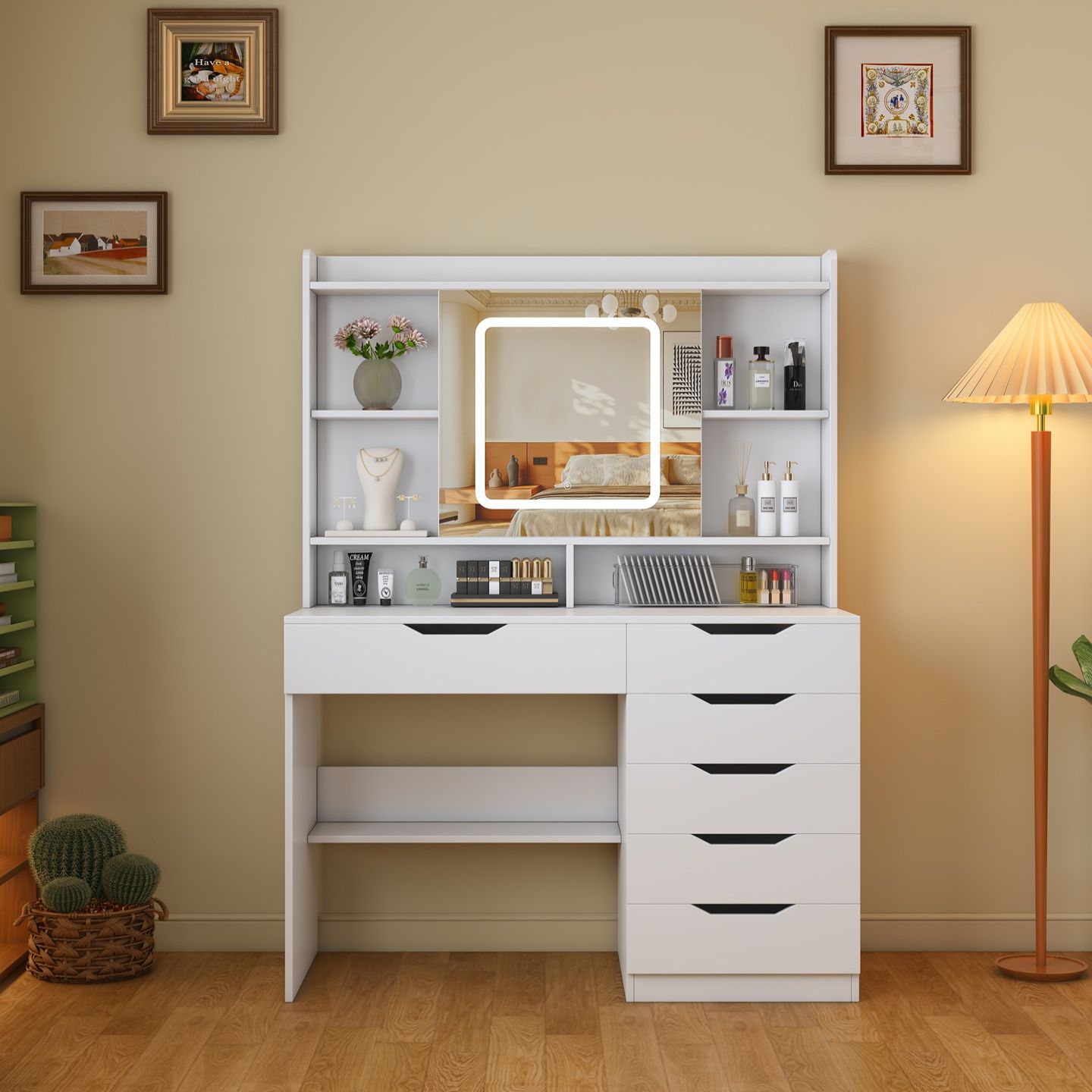 תמונת שידת איפור בגוון לבן עם תאורת לד דגם קלואי CHLOE 1