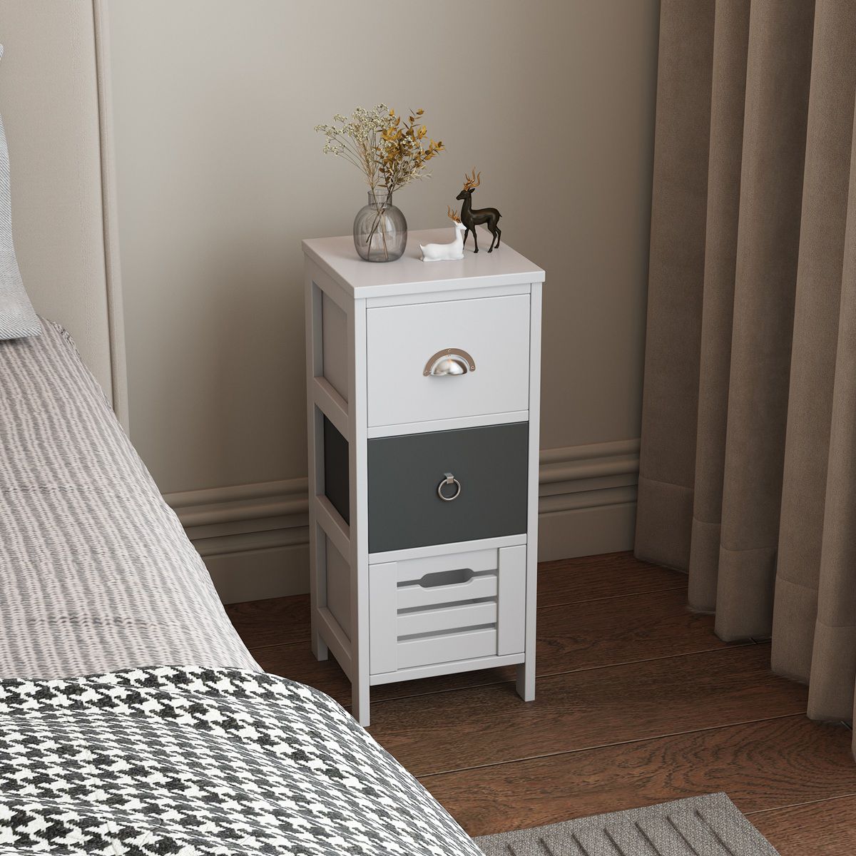 תמונת שידת לילה דגם מודרנית 3 מגירות גוון לבן ואפור 2